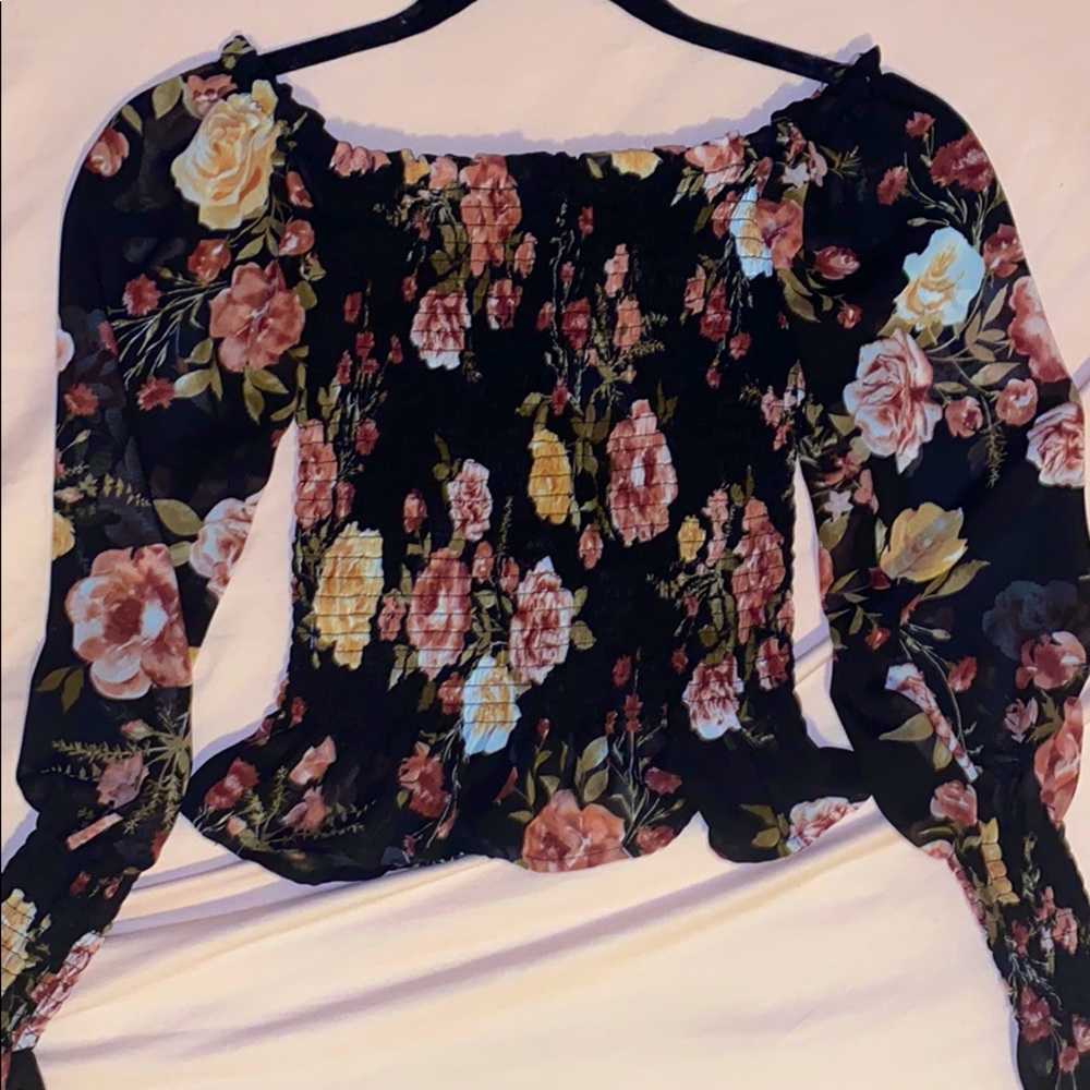 off shoulder semi sheer floral blouse